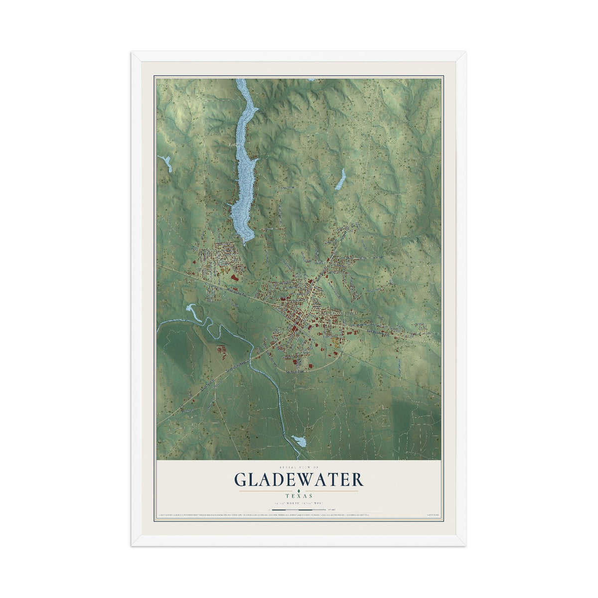 Map of Gladewater, Texas, 12 x 18 inch print in a white wood frame