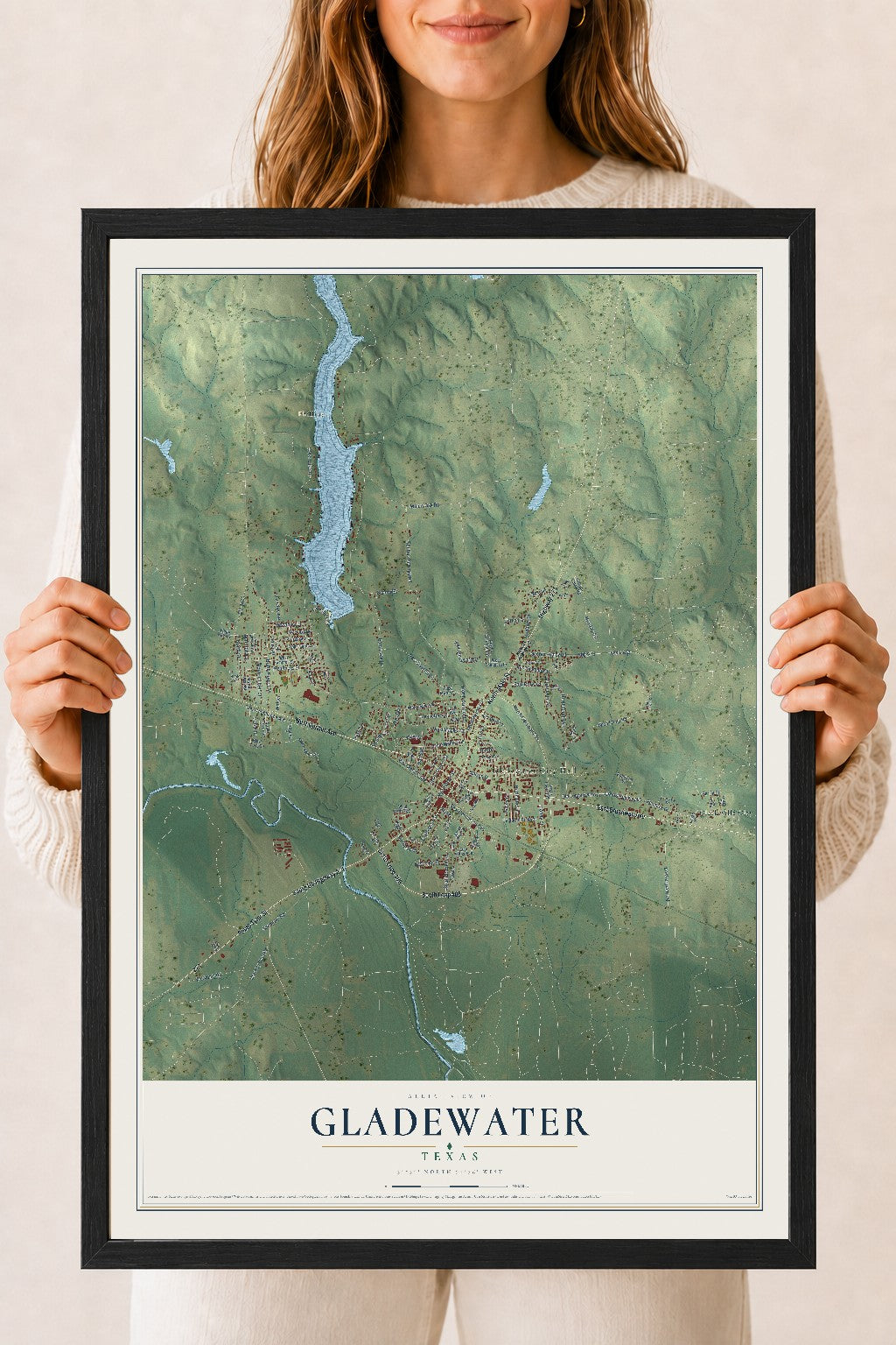 Map of Gladewater, Texas, 18 x 24 inch print in a black wood frame