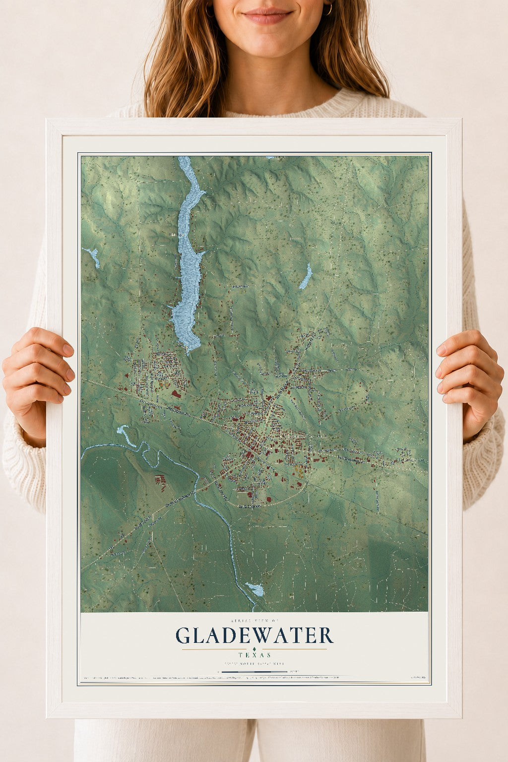 Map of Gladewater, Texas, 18 x 24 inch print in a white wood frame