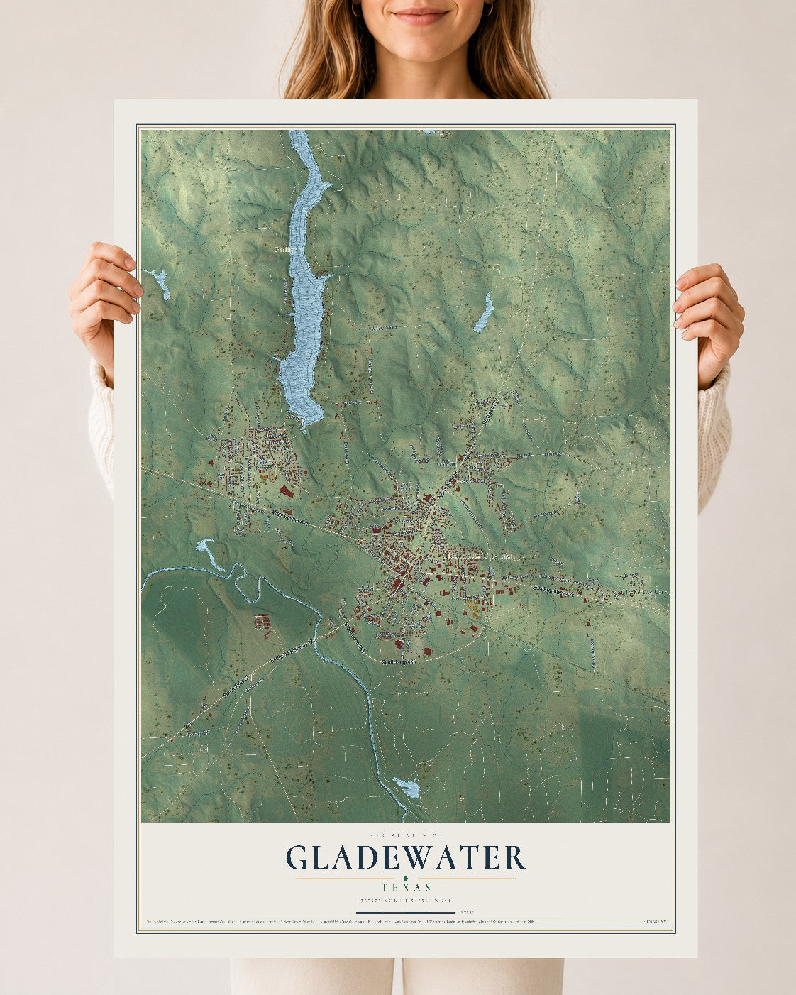 Map of Gladewater, Texas, 24 x 36 inch unframed archival matte print