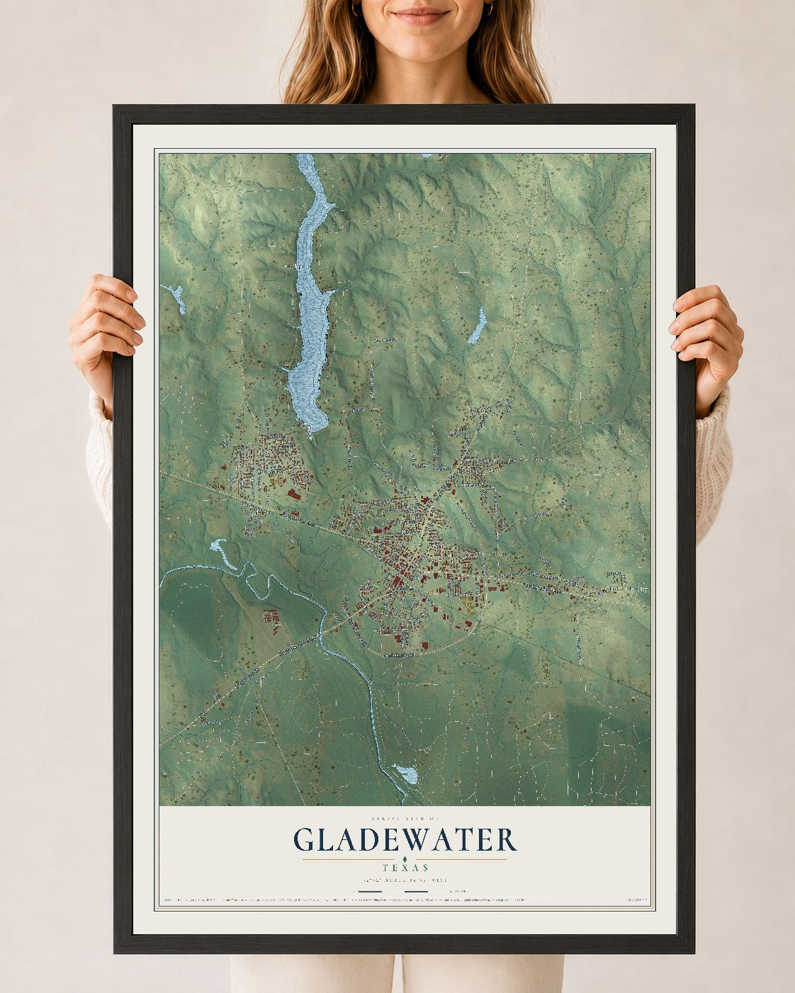 Map of Gladewater, Texas, 24 x 36 inch print in a black wood frame