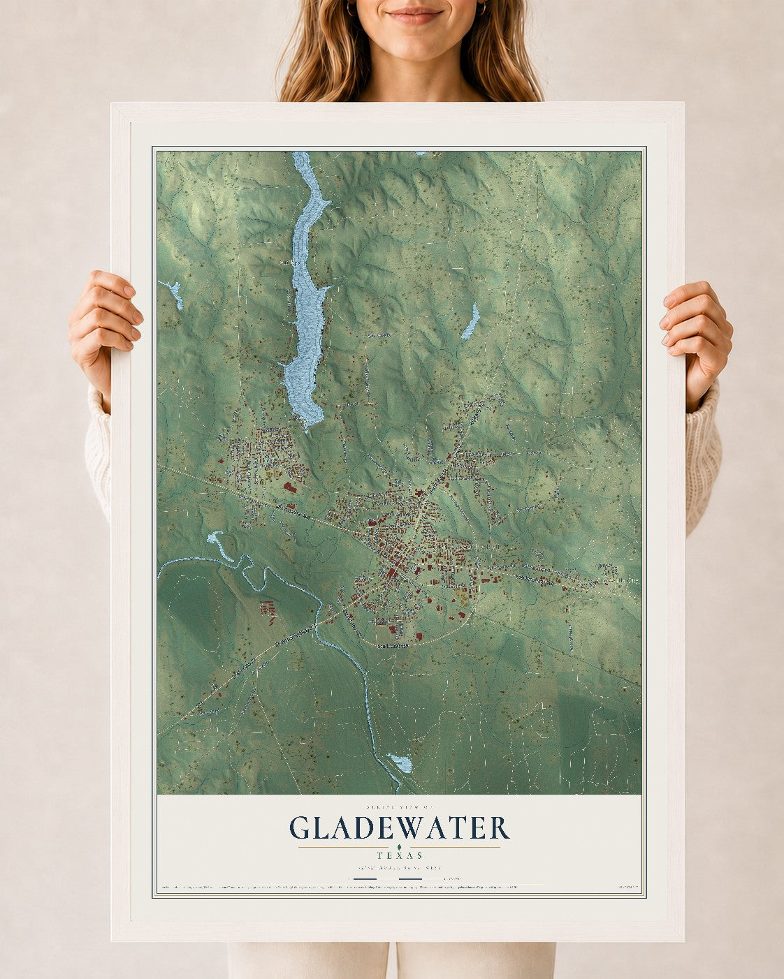 Map of Gladewater, Texas, 24 x 36 inch print in a white wood frame