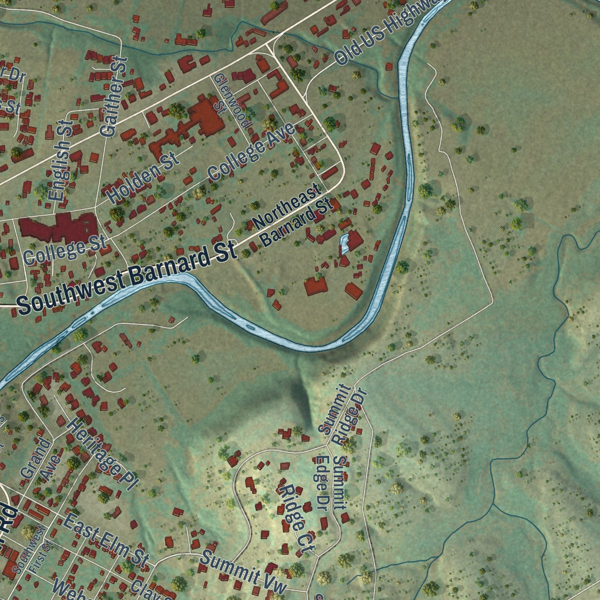 Close-up of the map of Glen Rose, Texas print showing street and building detail