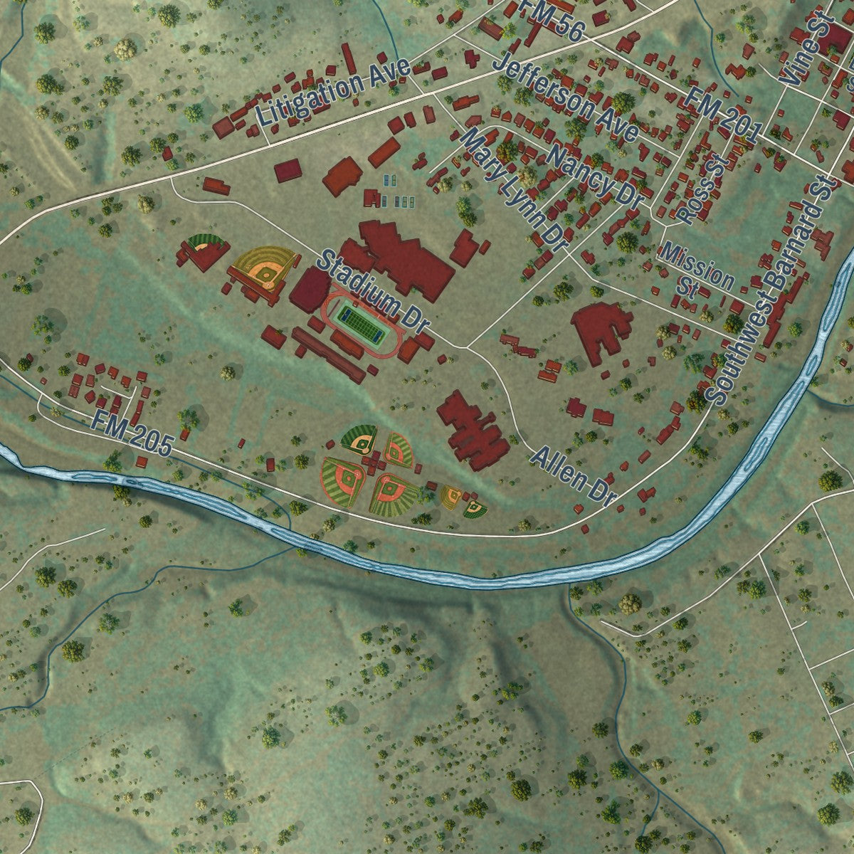 Second close-up of the map of Glen Rose, Texas print showing more streets and buildings