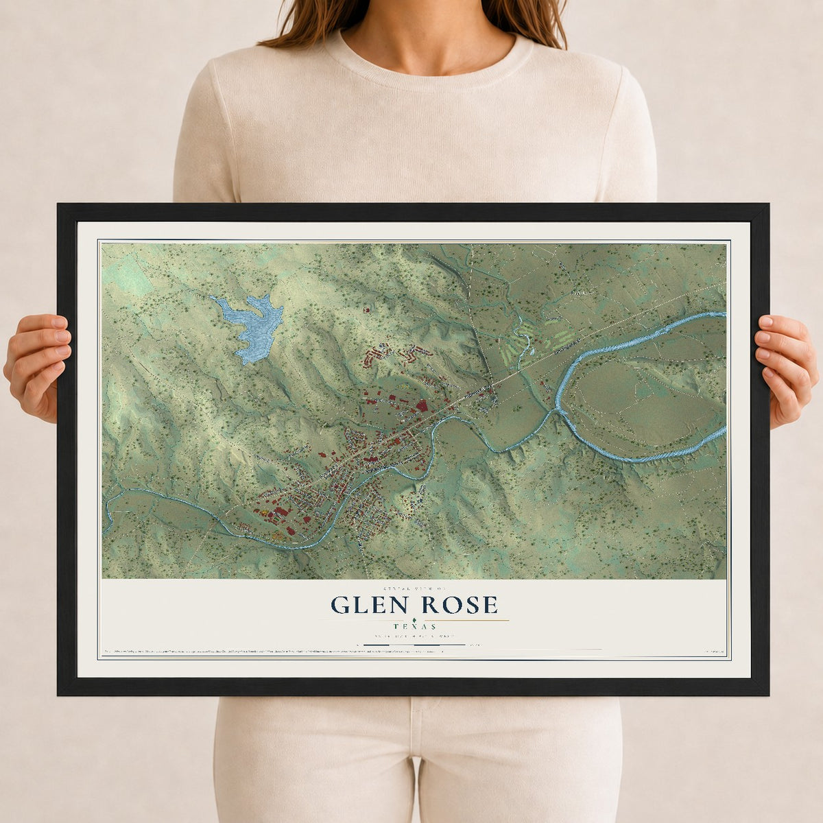 Map of Glen Rose, Texas, 12 x 18 inch print in a black wood frame