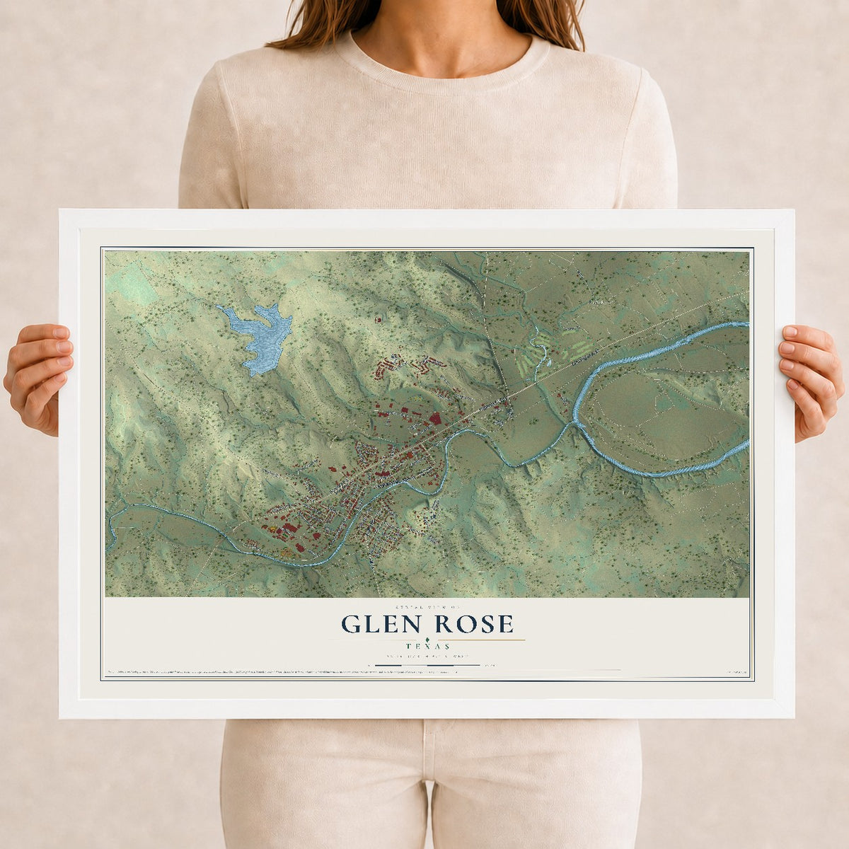 Map of Glen Rose, Texas, 12 x 18 inch print in a white wood frame