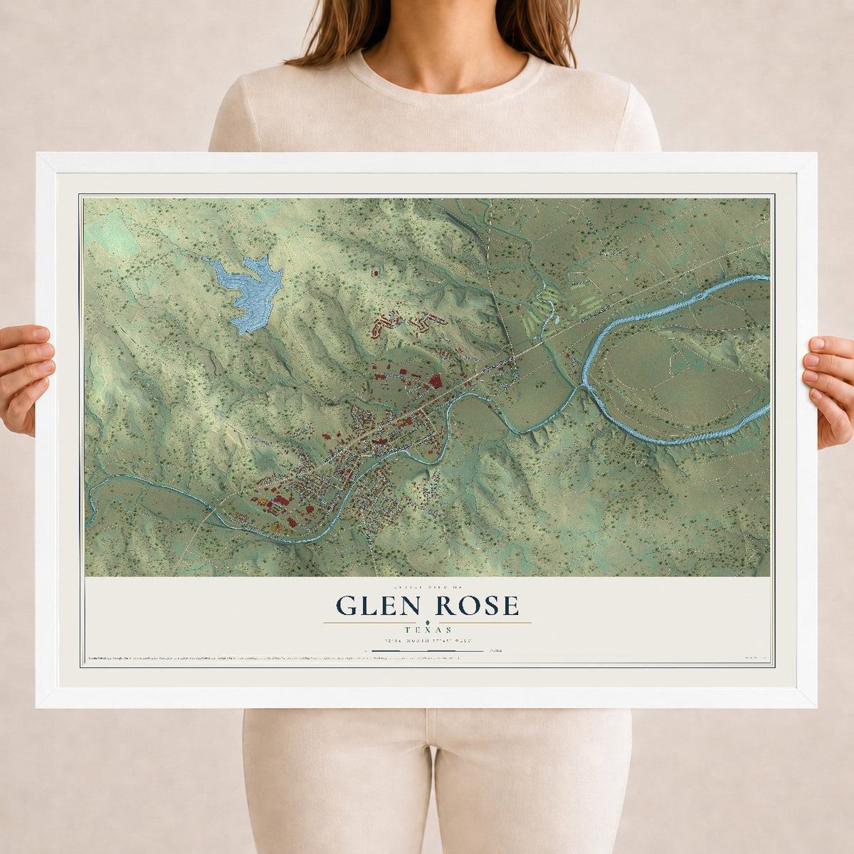 Map of Glen Rose, Texas, 18 x 24 inch print in a white wood frame