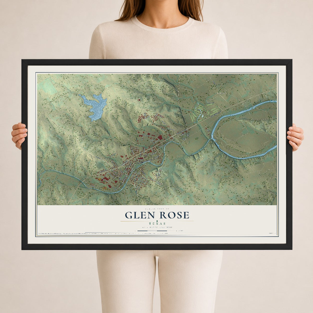 Map of Glen Rose, Texas, 24 x 36 inch print in a black wood frame