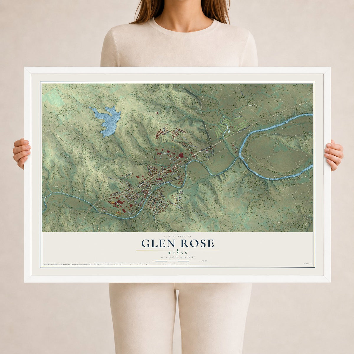 Map of Glen Rose, Texas, 24 x 36 inch print in a white wood frame