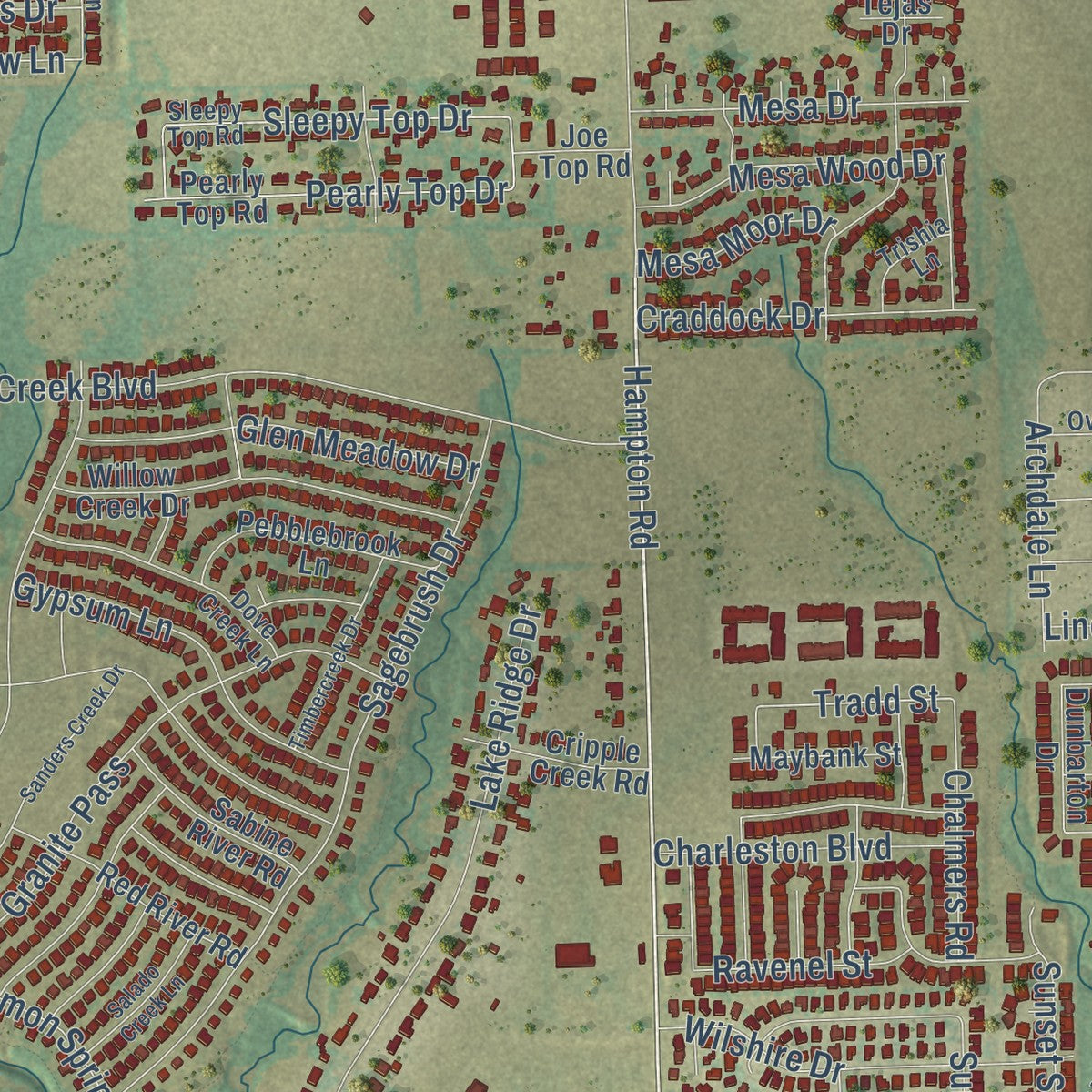 Close-up of the map of Glenn Heights, Texas print showing street and building detail