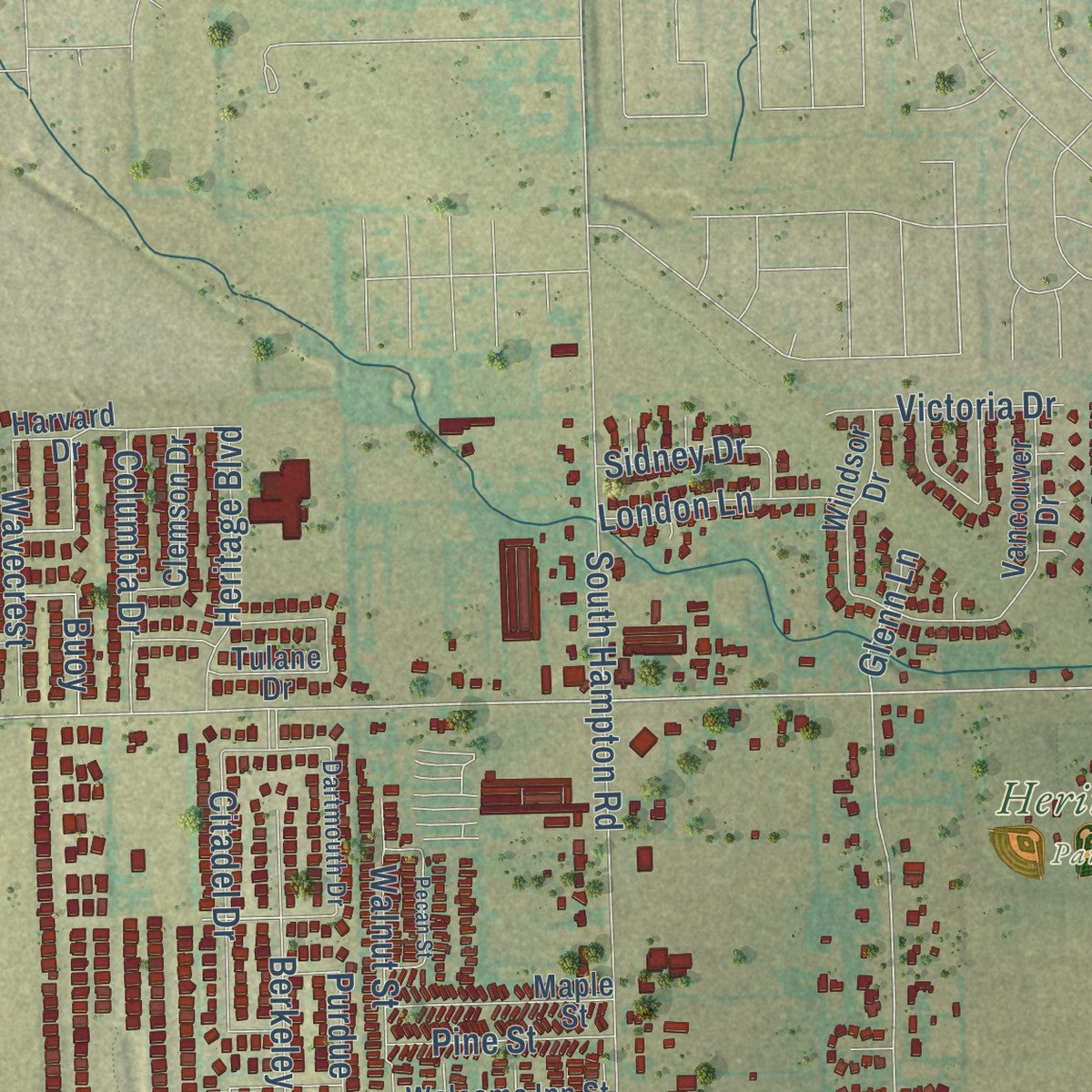 Second close-up of the map of Glenn Heights, Texas print showing more streets and buildings