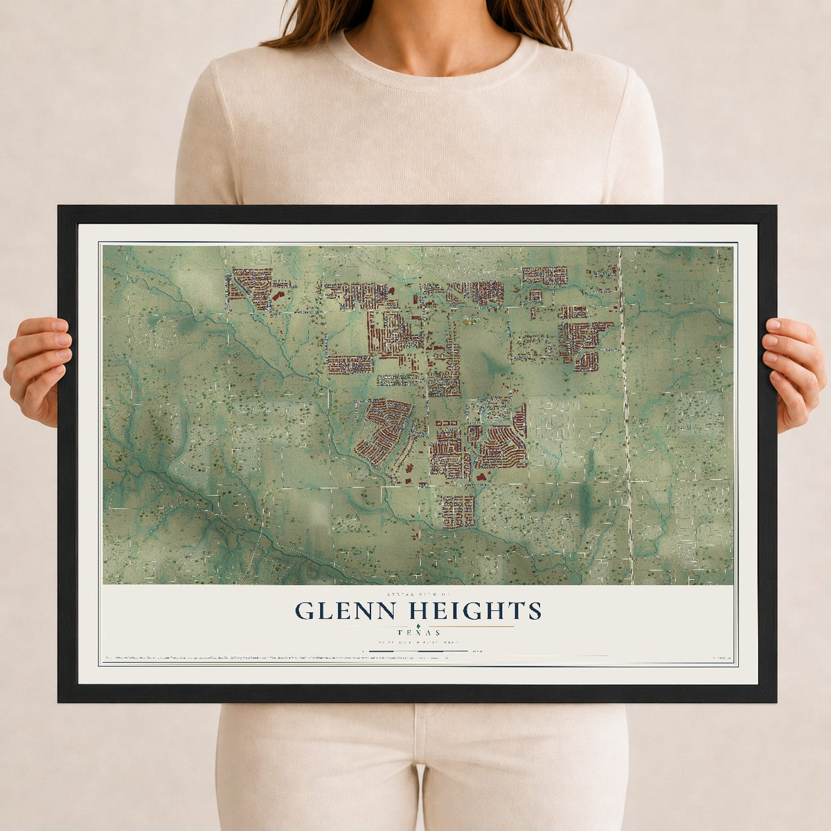 Map of Glenn Heights, Texas, 12 x 18 inch print in a black wood frame