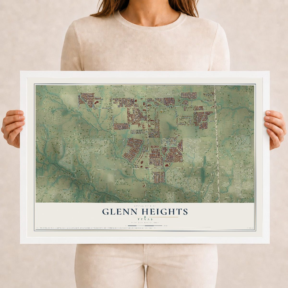 Map of Glenn Heights, Texas, 12 x 18 inch print in a white wood frame