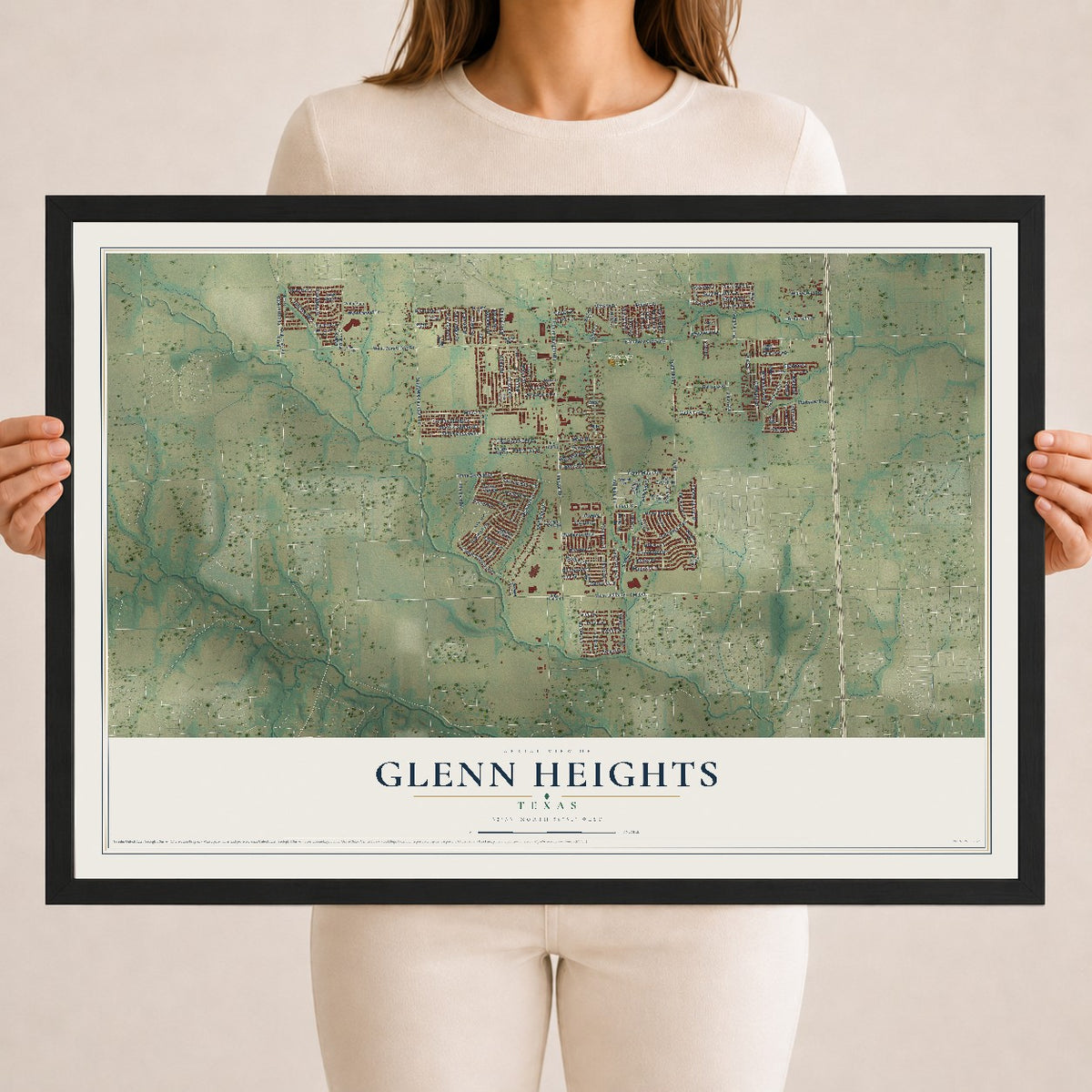 Map of Glenn Heights, Texas, 18 x 24 inch print in a black wood frame