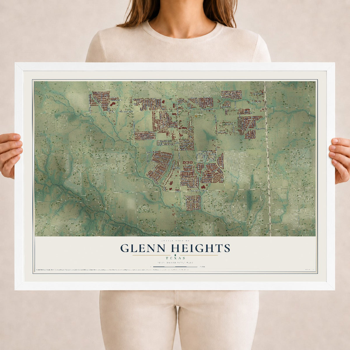 Map of Glenn Heights, Texas, 18 x 24 inch print in a white wood frame