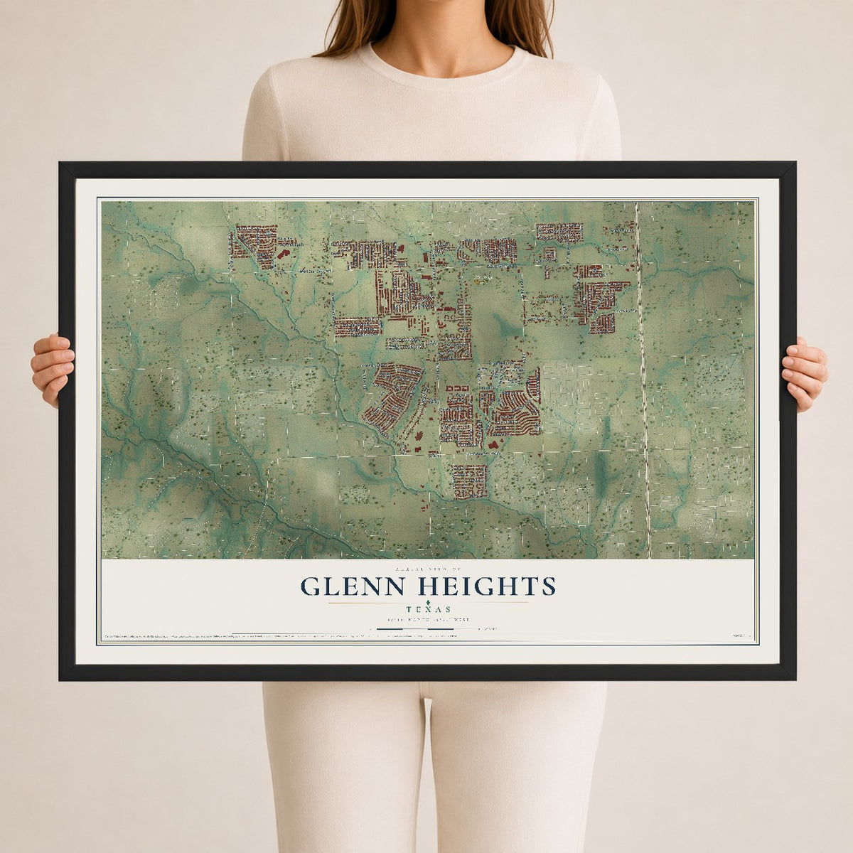 Map of Glenn Heights, Texas, 24 x 36 inch print in a black wood frame