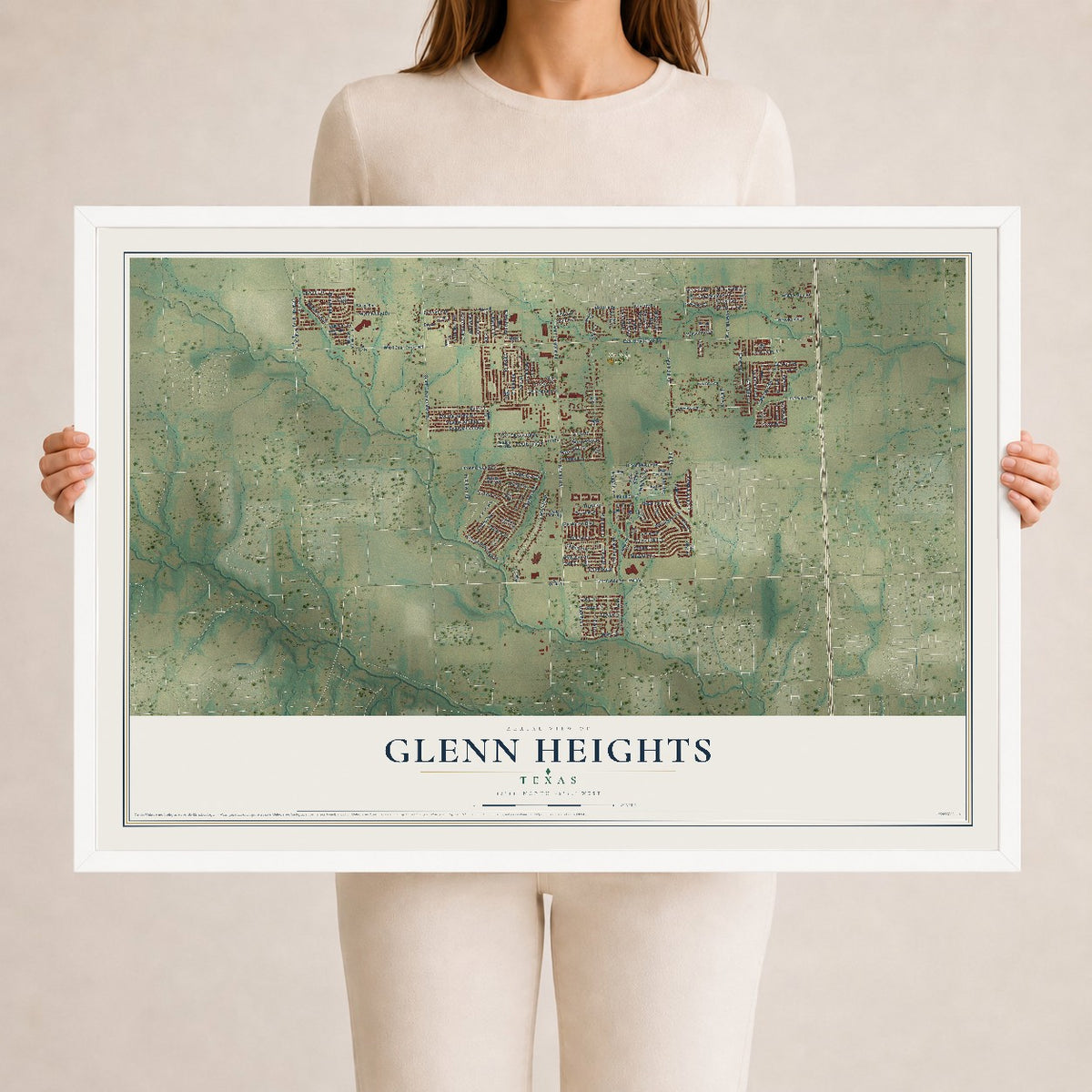 Map of Glenn Heights, Texas, 24 x 36 inch print in a white wood frame