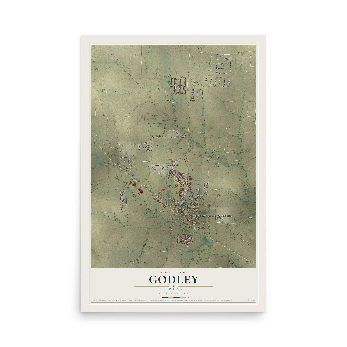 Map of Godley, Texas, 12 x 18 inch unframed archival matte print