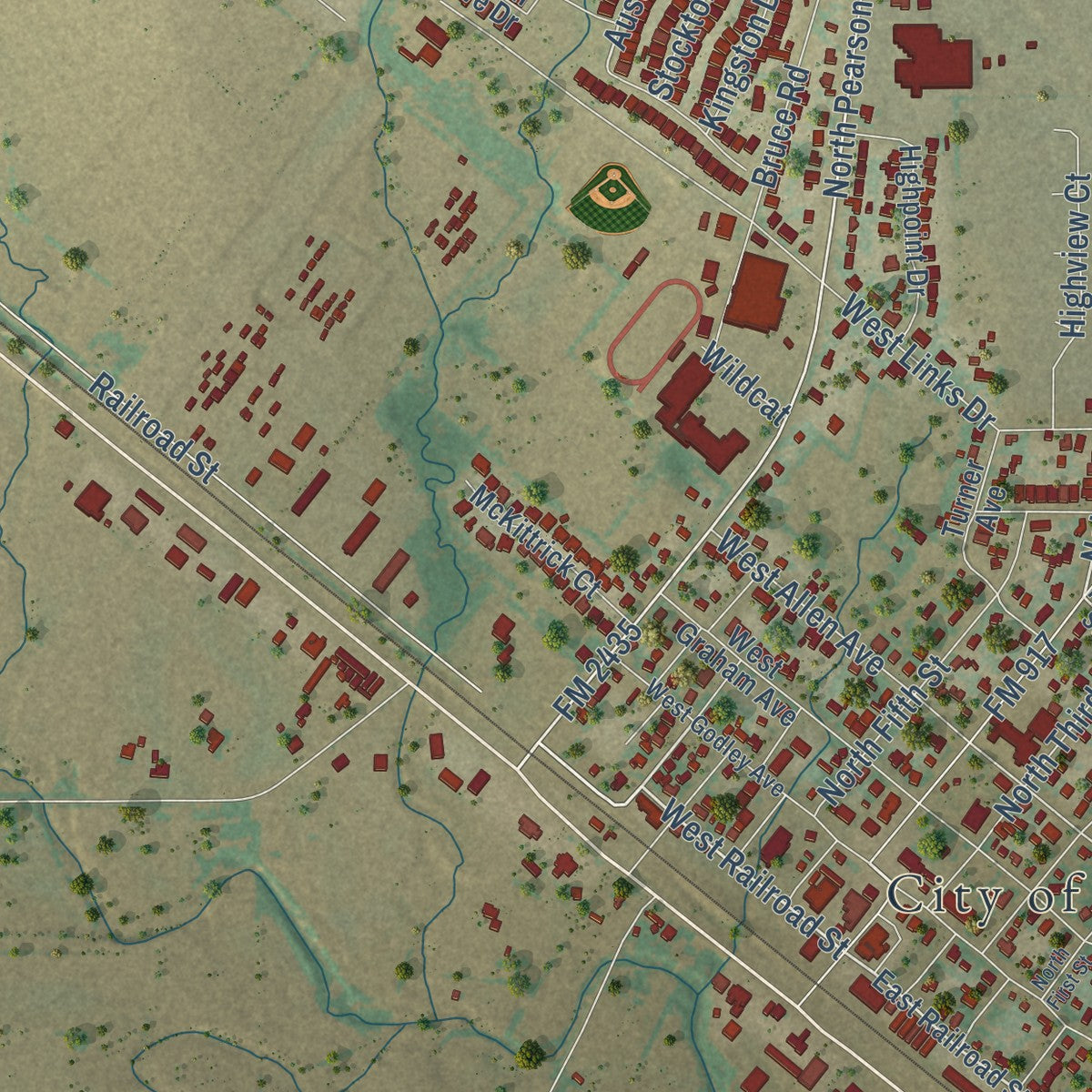 Close-up of the map of Godley, Texas print showing street and building detail