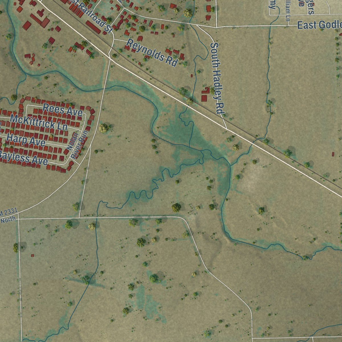 Second close-up of the map of Godley, Texas print showing more streets and buildings