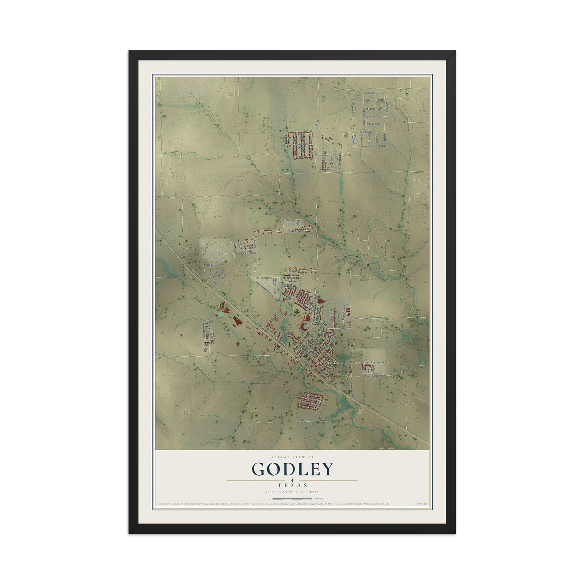 Map of Godley, Texas, 12 x 18 inch print in a black wood frame