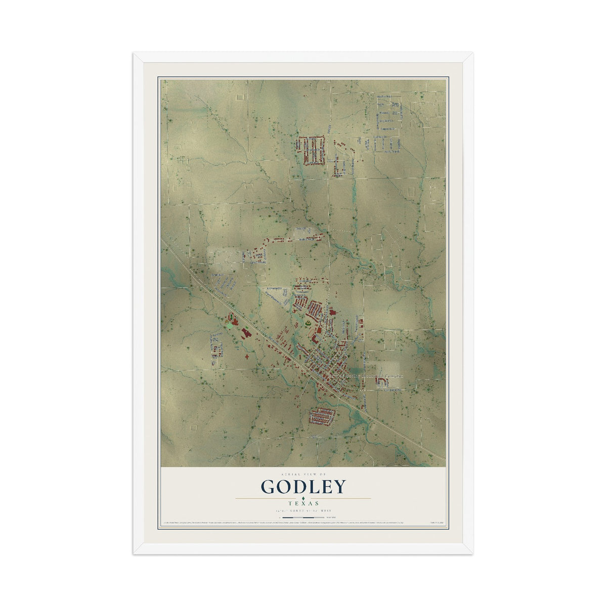 Map of Godley, Texas, 12 x 18 inch print in a white wood frame