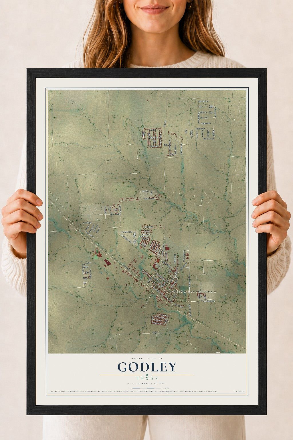 Map of Godley, Texas, 18 x 24 inch print in a black wood frame
