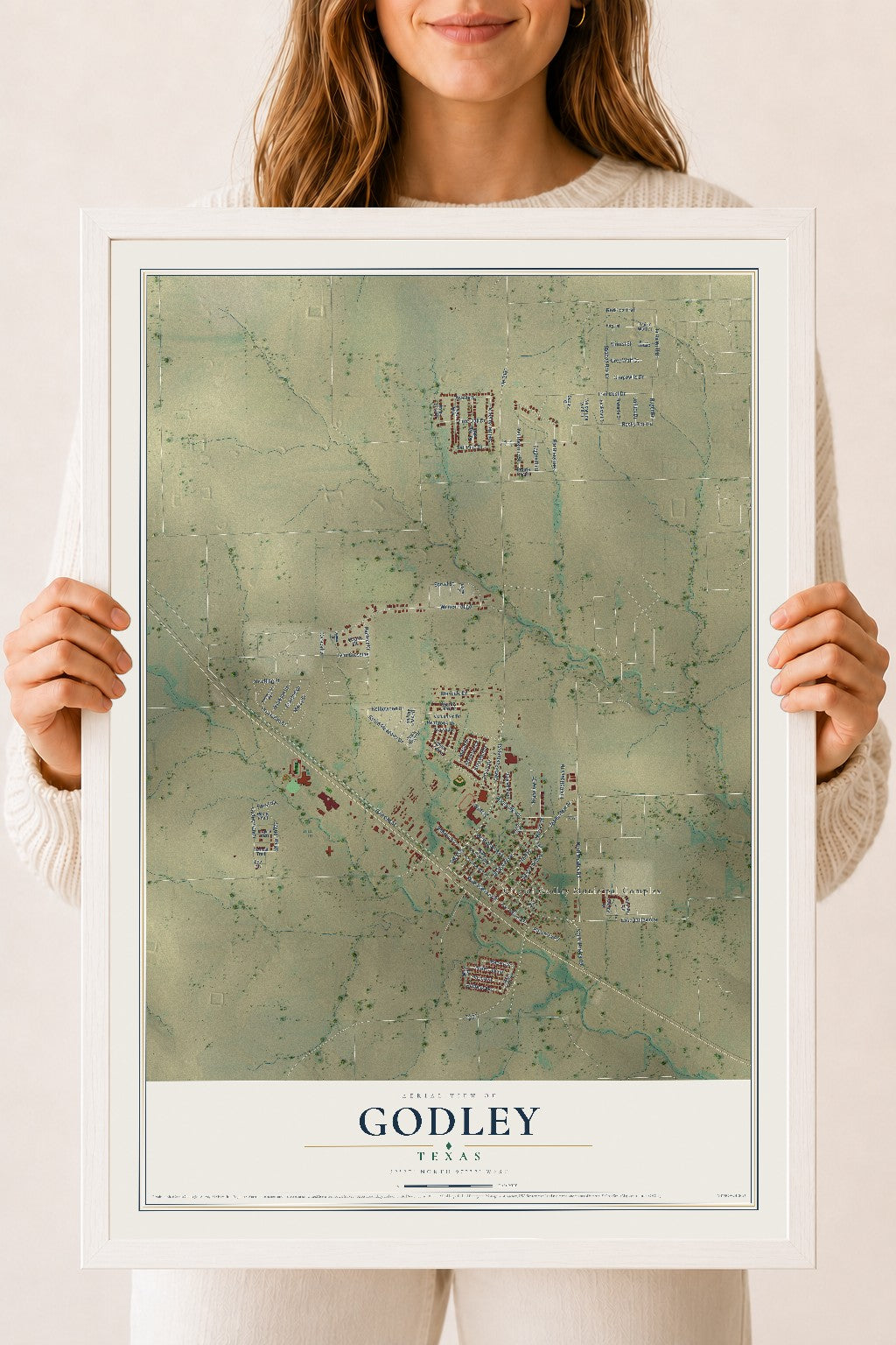 Map of Godley, Texas, 18 x 24 inch print in a white wood frame