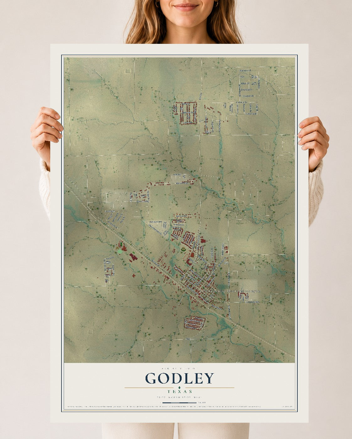 Map of Godley, Texas, 24 x 36 inch unframed archival matte print