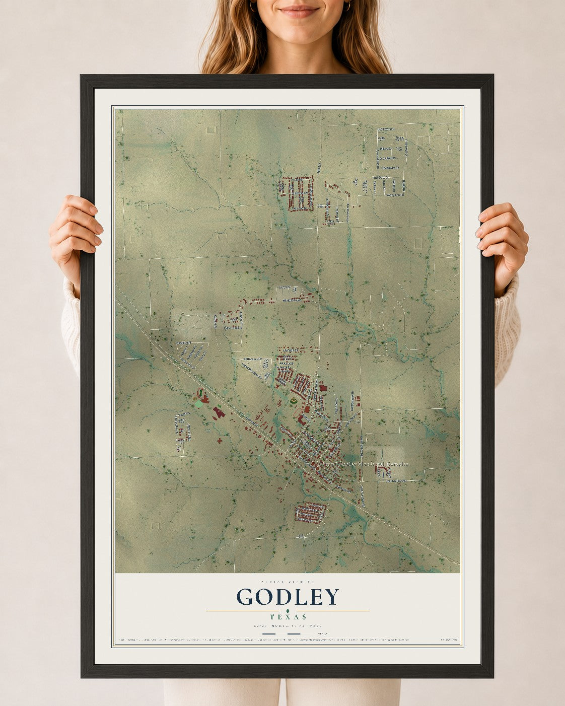 Map of Godley, Texas, 24 x 36 inch print in a black wood frame