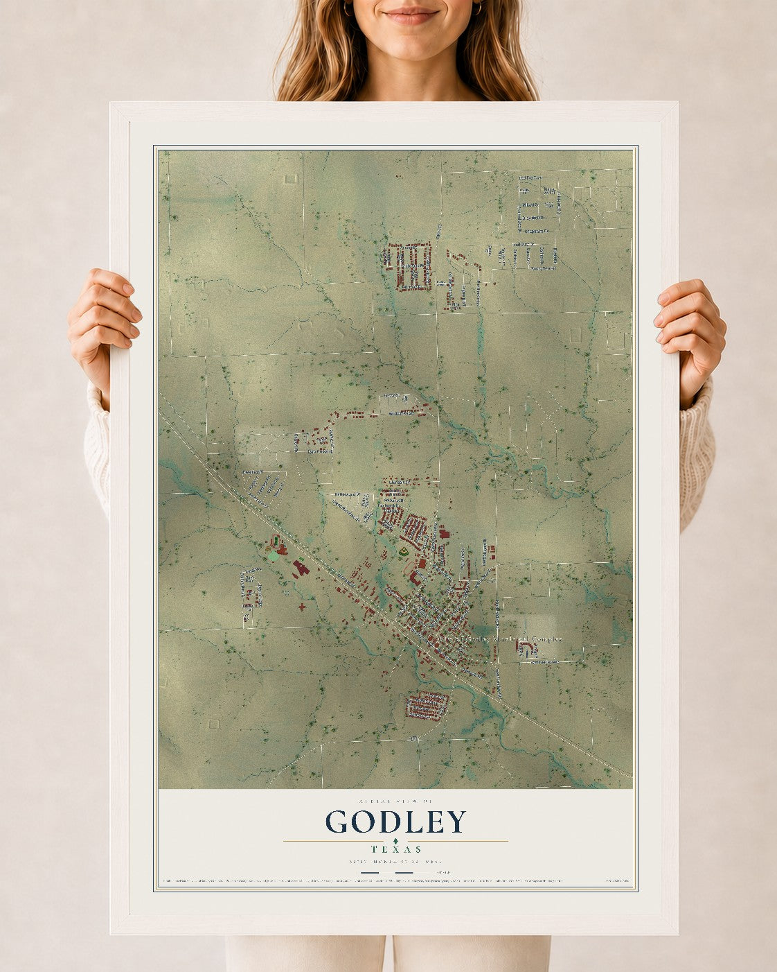 Map of Godley, Texas, 24 x 36 inch print in a white wood frame