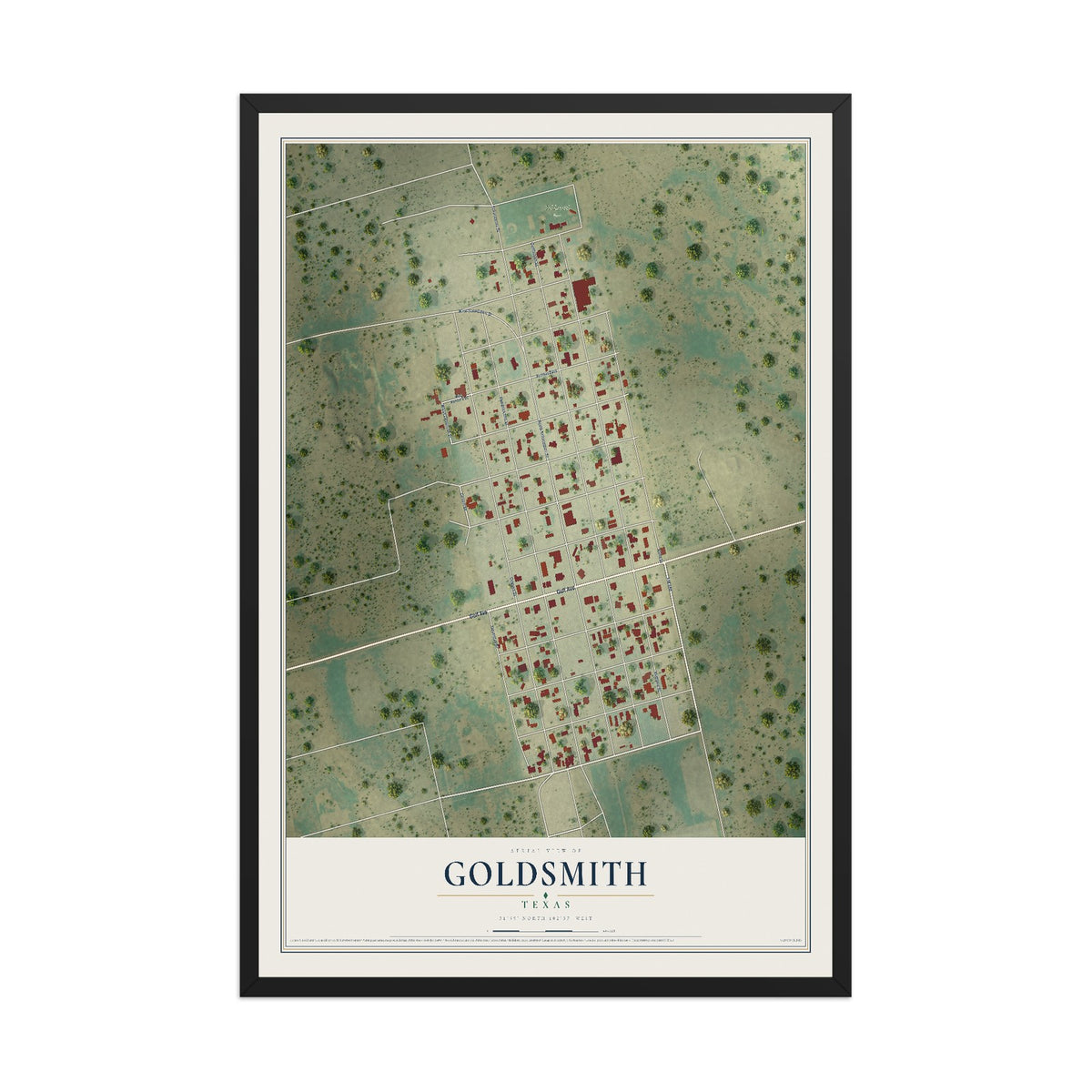 Map of Goldsmith, Texas, 12 x 18 inch print in a black wood frame
