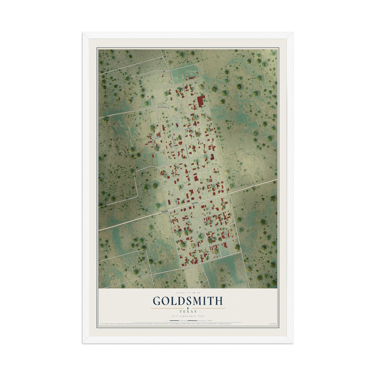 Map of Goldsmith, Texas, 12 x 18 inch print in a white wood frame