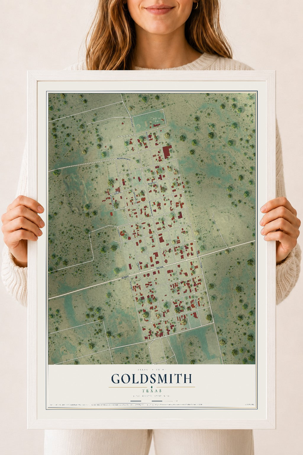 Map of Goldsmith, Texas, 18 x 24 inch print in a white wood frame