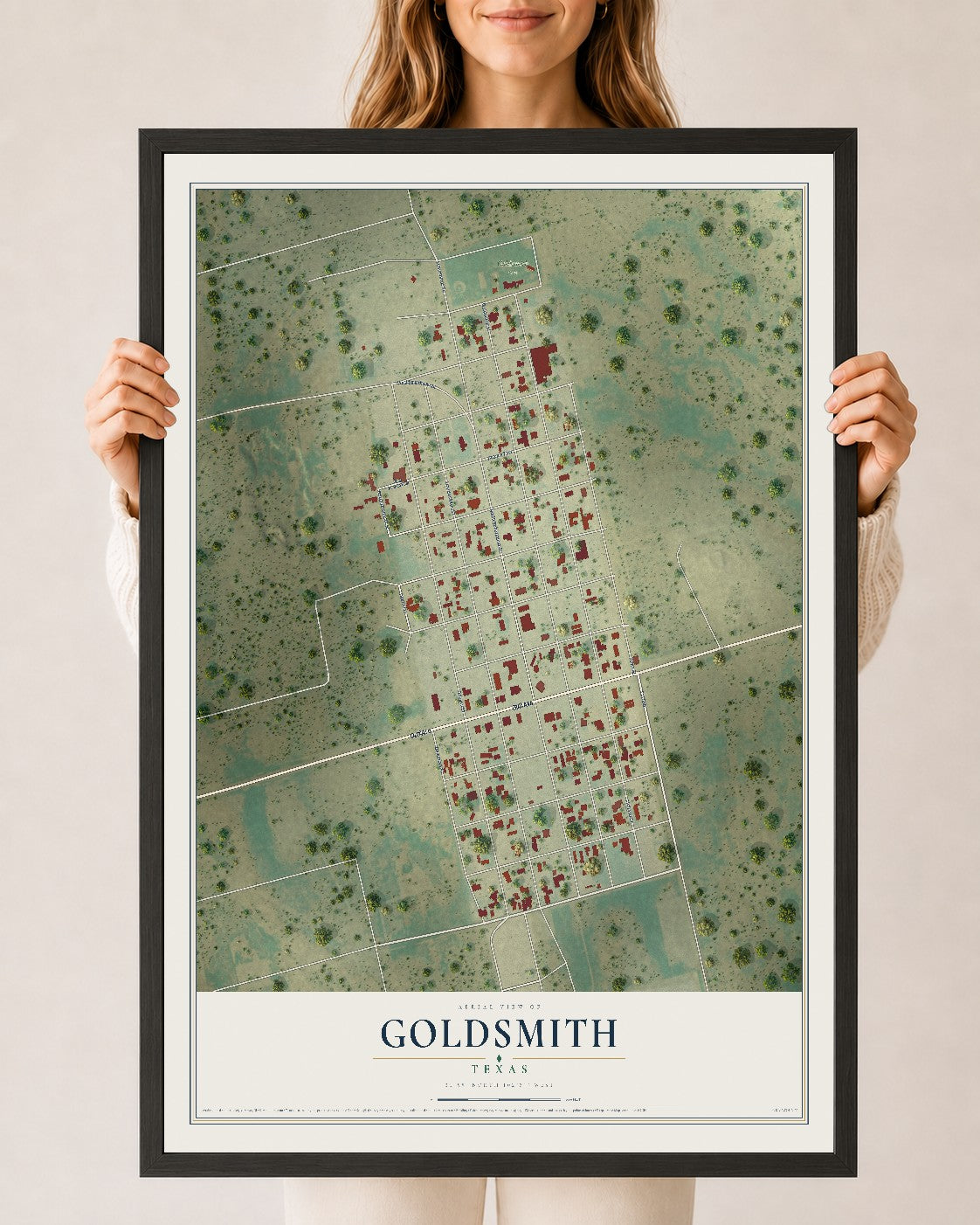 Map of Goldsmith, Texas, 24 x 36 inch print in a black wood frame
