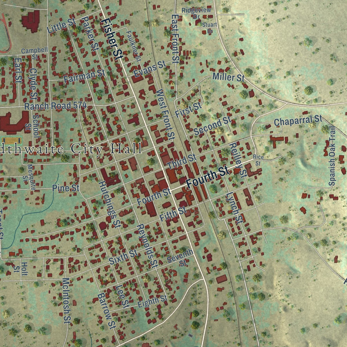Close-up of the map of Goldthwaite, Texas print showing street and building detail