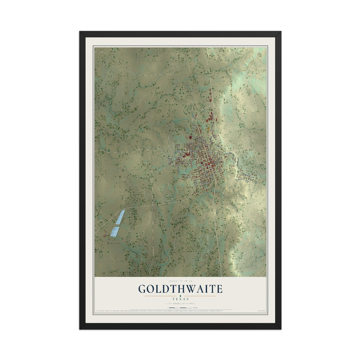 Map of Goldthwaite, Texas, 12 x 18 inch print in a black wood frame