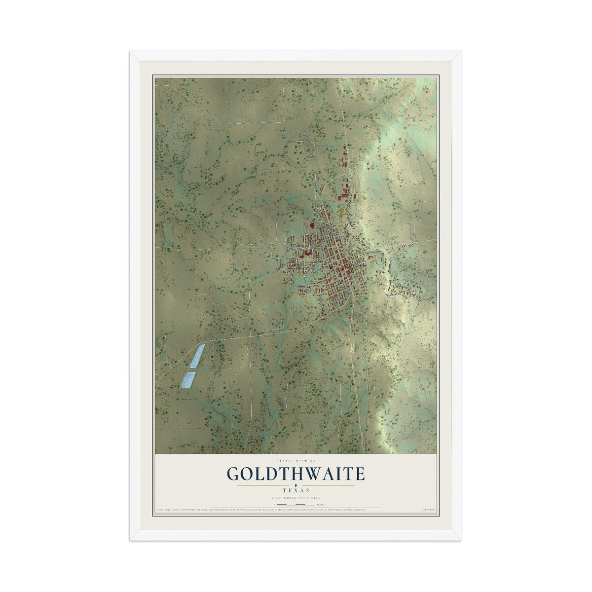 Map of Goldthwaite, Texas, 12 x 18 inch print in a white wood frame