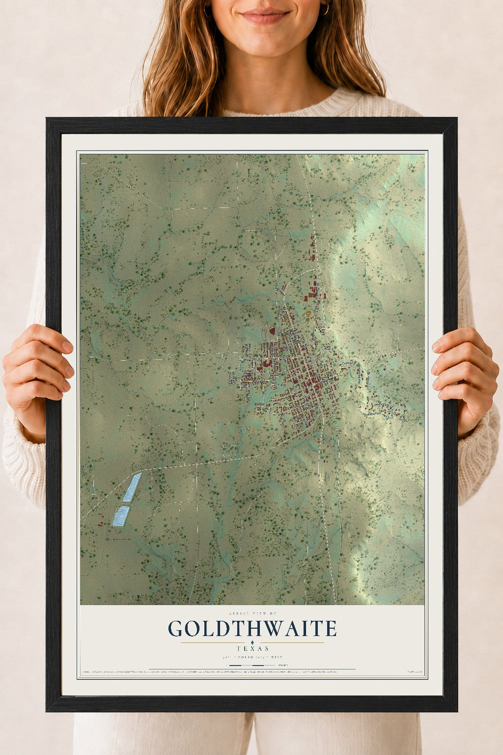 Map of Goldthwaite, Texas, 18 x 24 inch print in a black wood frame
