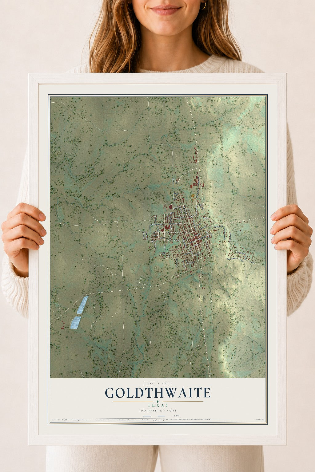 Map of Goldthwaite, Texas, 18 x 24 inch print in a white wood frame