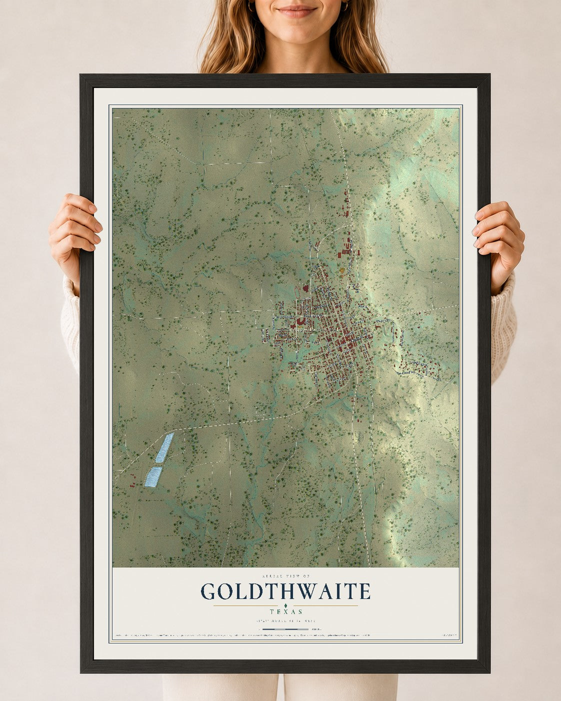 Map of Goldthwaite, Texas, 24 x 36 inch print in a black wood frame