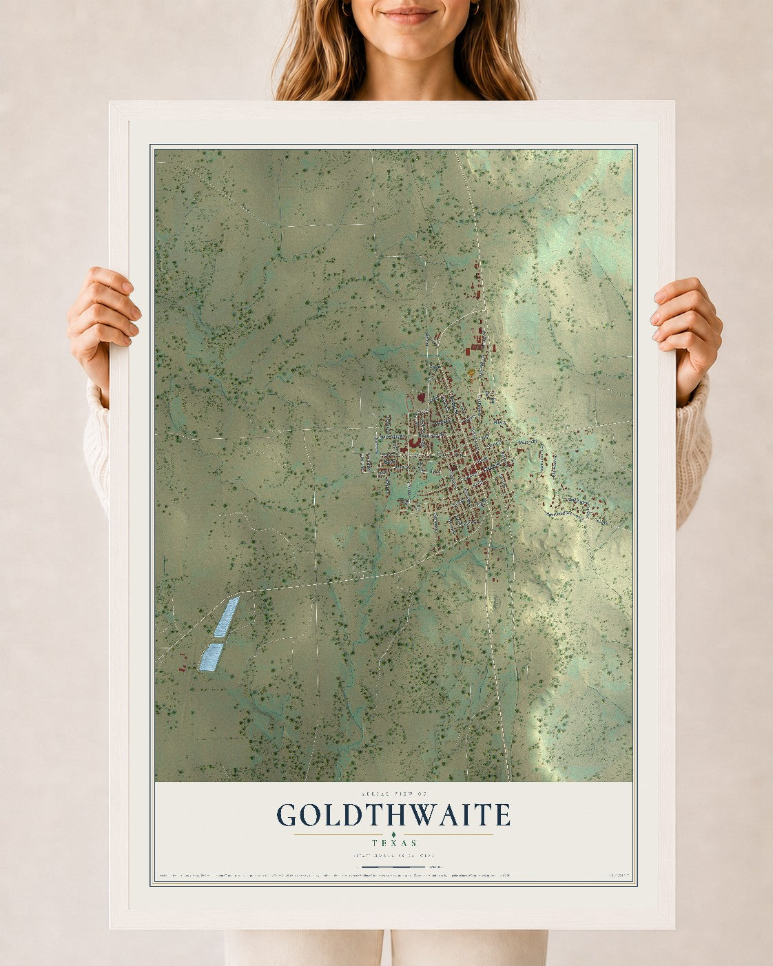 Map of Goldthwaite, Texas, 24 x 36 inch print in a white wood frame