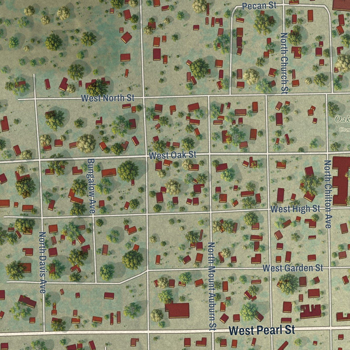 Close-up of the map of Goliad, Texas print showing street and building detail