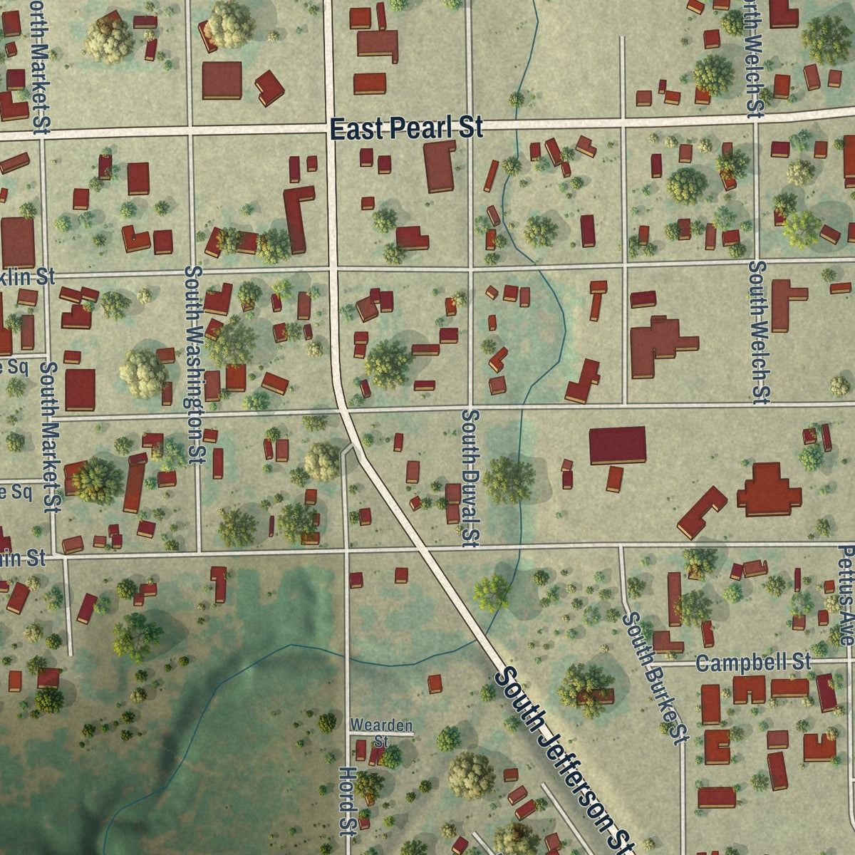 Second close-up of the map of Goliad, Texas print showing more streets and buildings