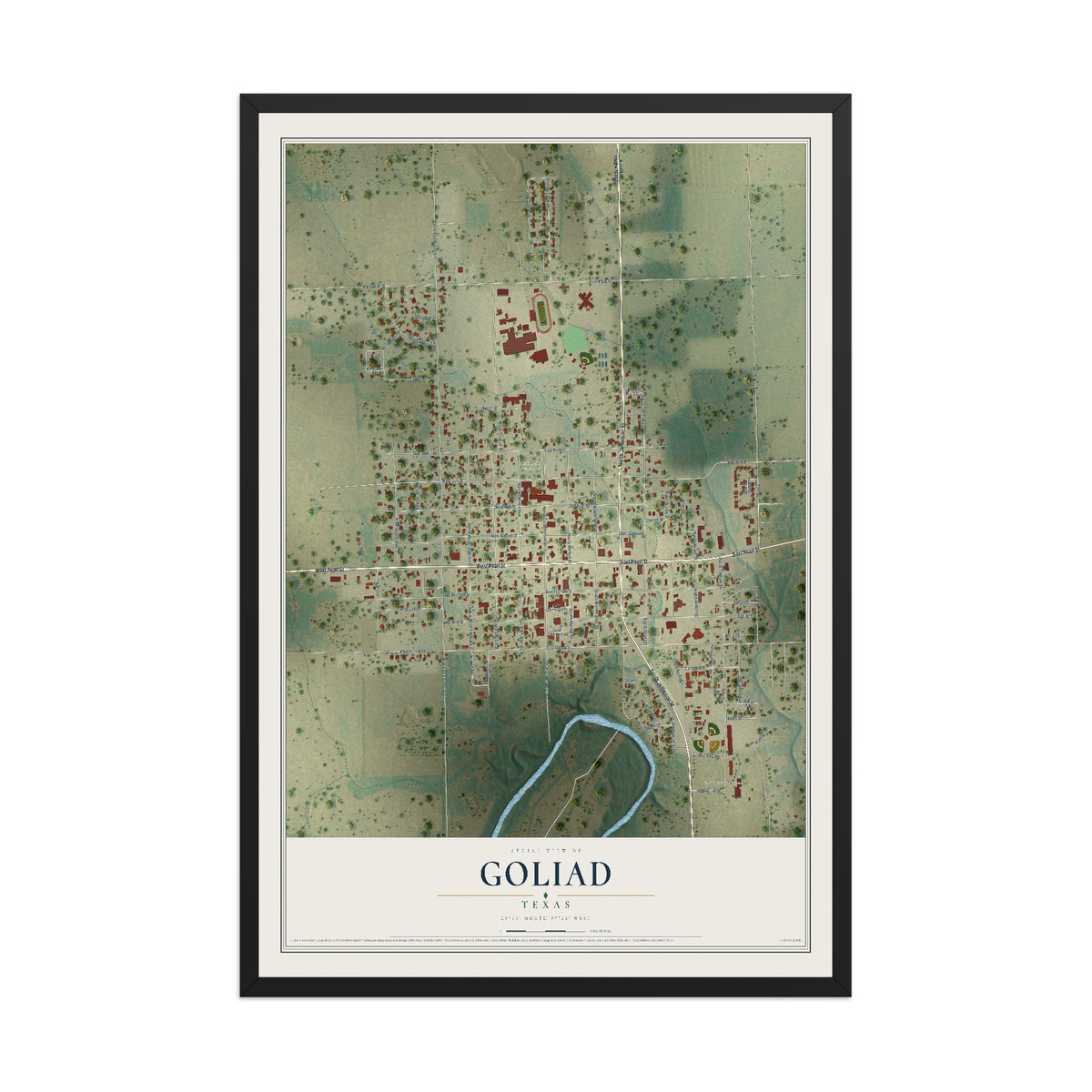 Map of Goliad, Texas, 12 x 18 inch print in a black wood frame