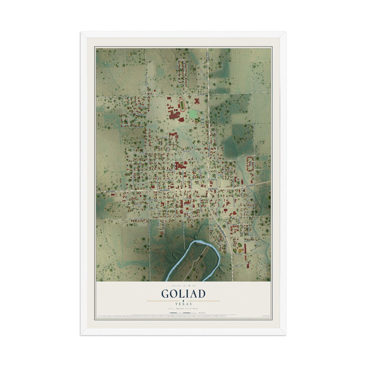 Map of Goliad, Texas, 12 x 18 inch print in a white wood frame