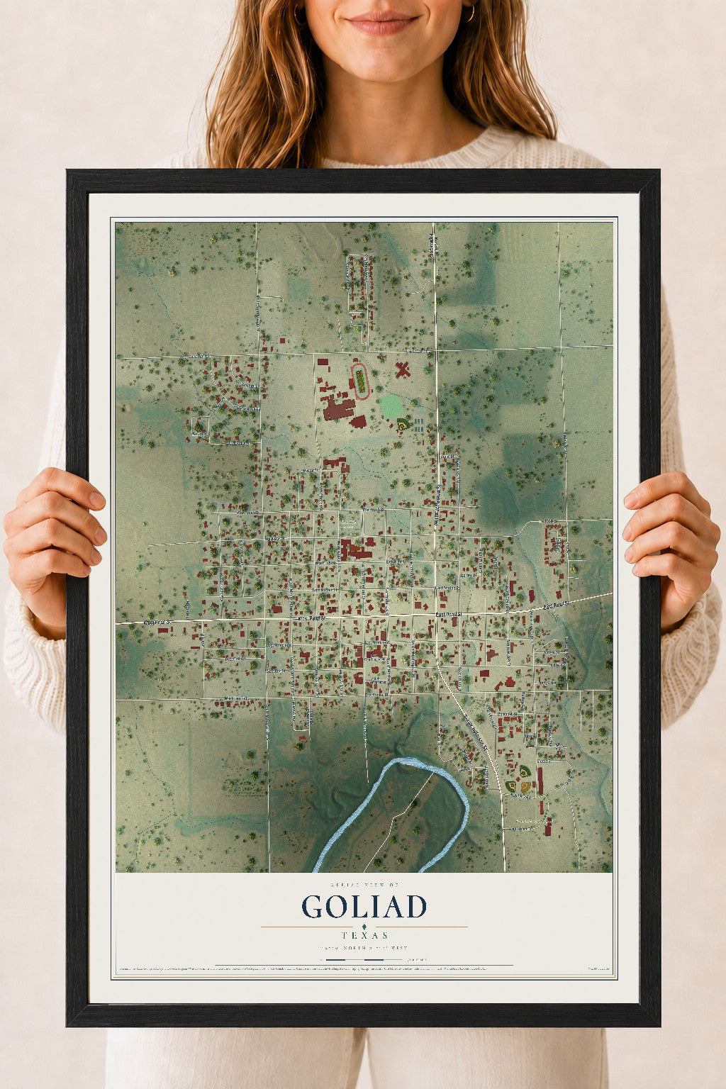 Map of Goliad, Texas, 18 x 24 inch print in a black wood frame
