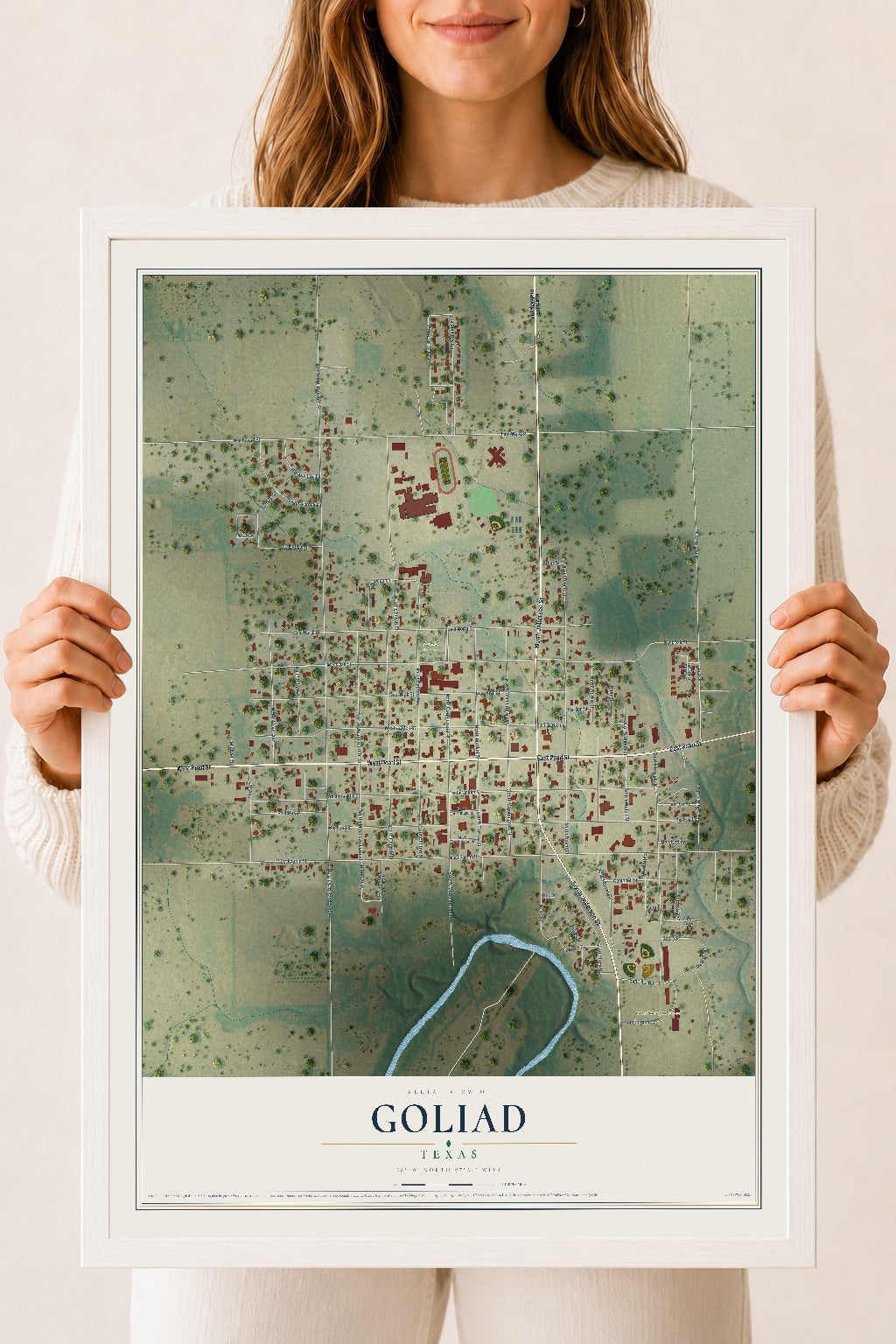 Map of Goliad, Texas, 18 x 24 inch print in a white wood frame