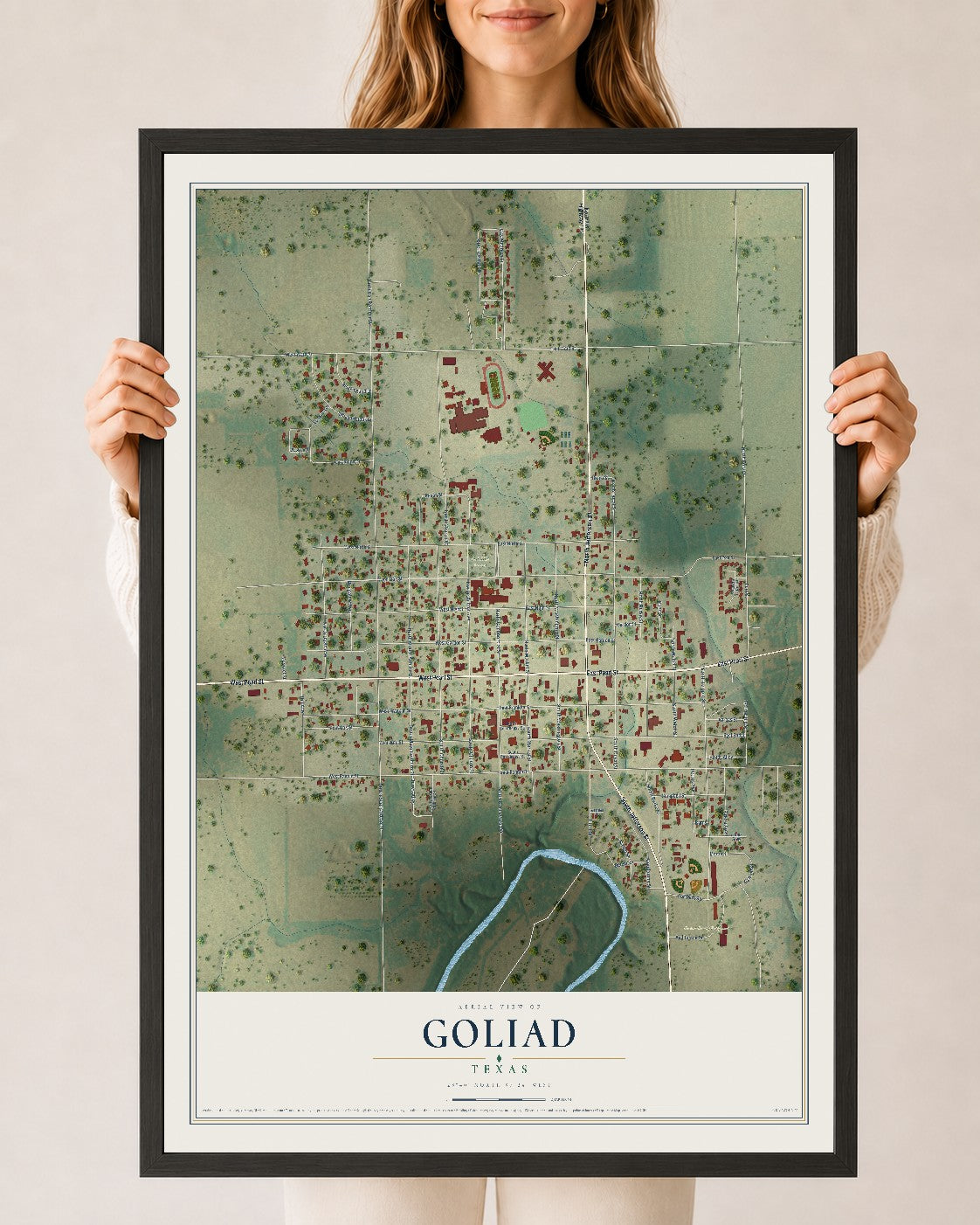 Map of Goliad, Texas, 24 x 36 inch print in a black wood frame