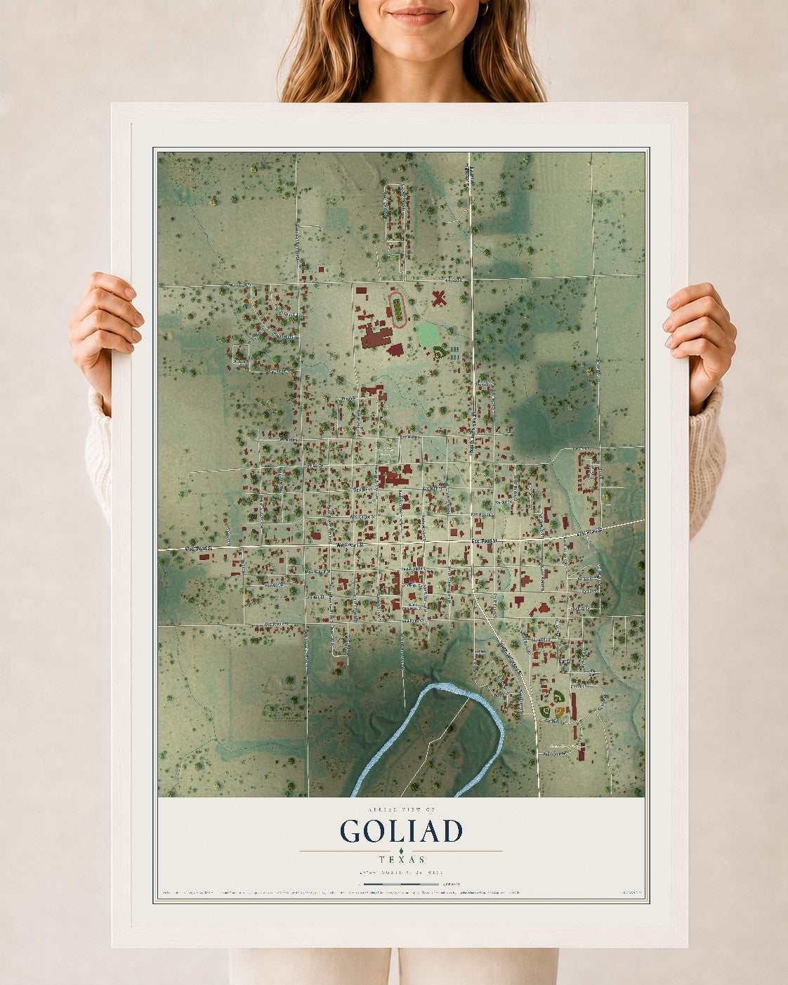Map of Goliad, Texas, 24 x 36 inch print in a white wood frame